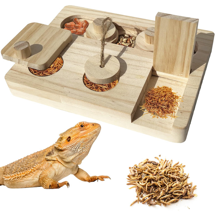 FlidRunest Bearded Dragon Feeder Puzzle Wooden Lizard Feeding Box Reptile Intera