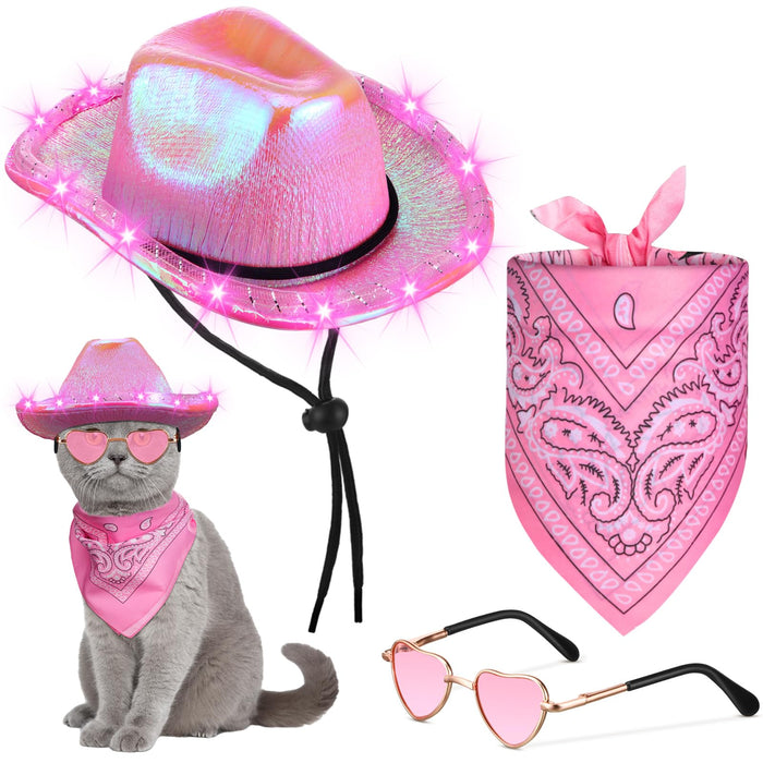Aliceset 3 Pcs Pet Cowboy Costume Cat Cowboy Accessories Set Neon Sparkly Dog