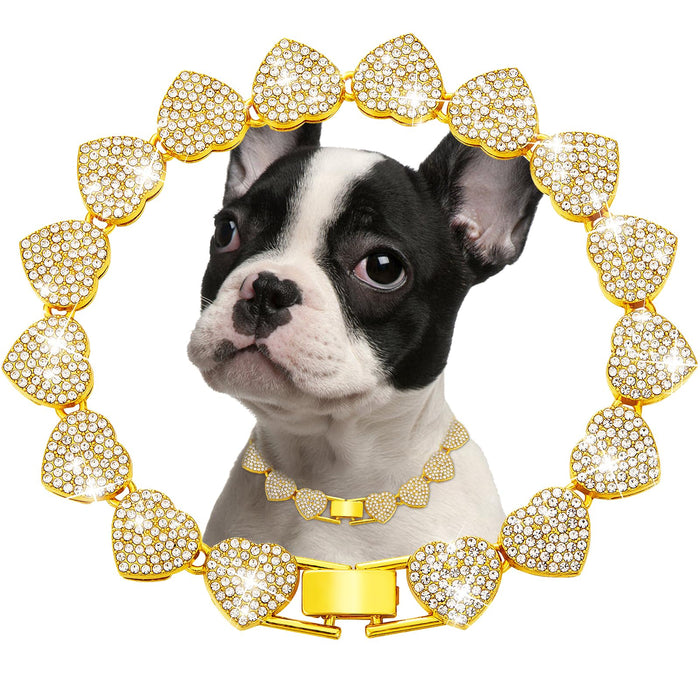 Gold Dog Chain Collar Heart Necklace Diamond Cuban Link Dog Collar Cat Necklaces