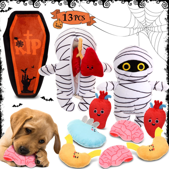 Glimin 13 Pcs Halloween Hide and Seek Dog Toys Halloween Coffin Mummy Dog Toys